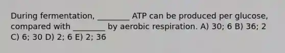 During fermentation, ________ ATP can be produced per glucose, compared with ________ by aerobic respiration. A) 30; 6 B) 36; 2 C) 6; 30 D) 2; 6 E) 2; 36