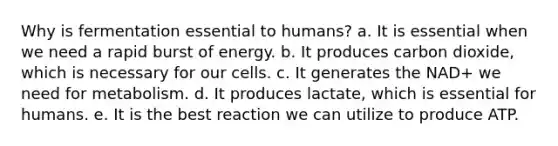 Why is fermentation essential to humans? a. It is essential when we need a rapid burst of energy. b. It produces carbon dioxide, which is necessary for our cells. c. It generates the NAD+ we need for metabolism. d. It produces lactate, which is essential for humans. e. It is the best reaction we can utilize to produce ATP.