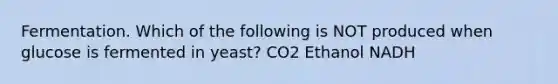 Fermentation. Which of the following is NOT produced when glucose is fermented in yeast? CO2 Ethanol NADH