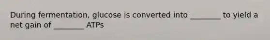 During fermentation, glucose is converted into ________ to yield a net gain of ________ ATPs