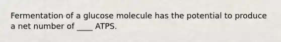 Fermentation of a glucose molecule has the potential to produce a net number of ____ ATPS.