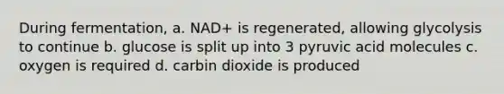 During fermentation, a. NAD+ is regenerated, allowing glycolysis to continue b. glucose is split up into 3 pyruvic acid molecules c. oxygen is required d. carbin dioxide is produced