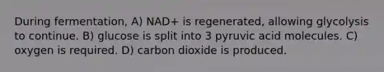 During fermentation, A) NAD+ is regenerated, allowing glycolysis to continue. B) glucose is split into 3 pyruvic acid molecules. C) oxygen is required. D) carbon dioxide is produced.