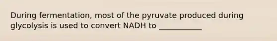 During fermentation, most of the pyruvate produced during glycolysis is used to convert NADH to ___________