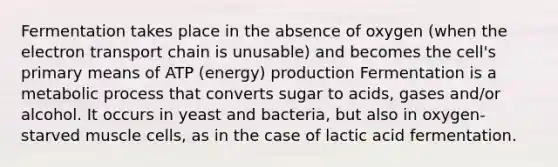 Fermentation takes place in the absence of oxygen (when the electron transport chain is unusable) and becomes the cell's primary means of ATP (energy) production Fermentation is a metabolic process that converts sugar to acids, gases and/or alcohol. It occurs in yeast and bacteria, but also in oxygen-starved muscle cells, as in the case of lactic acid fermentation.