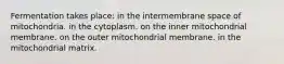 Fermentation takes place: in the intermembrane space of mitochondria. in the cytoplasm. on the inner mitochondrial membrane. on the outer mitochondrial membrane. in the mitochondrial matrix.