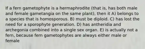 If a fern gametophyte is a hermaphrodite (that is, has both male and female gametangia on the same plant), then it A) belongs to a species that is homosporous. B) must be diploid. C) has lost the need for a sporophyte generation. D) has antheridia and archegonia combined into a single sex organ. E) is actually not a fern, because fern gametophytes are always either male or female