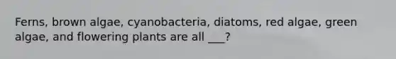 Ferns, brown algae, cyanobacteria, diatoms, red algae, green algae, and flowering plants are all ___?