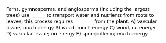 Ferns, gymnosperms, and angiosperms (including the largest trees) use ______ to transport water and nutrients from roots to leaves, this process requires ________ from the plant. A) <a href='https://www.questionai.com/knowledge/k1HVFq17mo-vascular-tissue' class='anchor-knowledge'>vascular tissue</a>; much energy B) wood; much energy C) wood; no energy D) vascular tissue; no energy E) sporopollenin; much energy