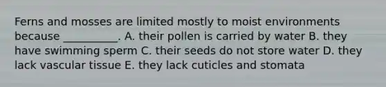 Ferns and mosses are limited mostly to moist environments because __________. A. their pollen is carried by water B. they have swimming sperm C. their seeds do not store water D. they lack <a href='https://www.questionai.com/knowledge/k1HVFq17mo-vascular-tissue' class='anchor-knowledge'>vascular tissue</a> E. they lack cuticles and stomata