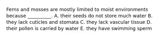 Ferns and mosses are mostly limited to moist environments because __________. A. their seeds do not store much water B. they lack cuticles and stomata C. they lack <a href='https://www.questionai.com/knowledge/k1HVFq17mo-vascular-tissue' class='anchor-knowledge'>vascular tissue</a> D. their pollen is carried by water E. they have swimming sperm