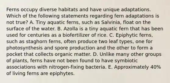 Ferns occupy diverse habitats and have unique adaptations. Which of the following statements regarding fern adaptations is not true? A. Tiny aquatic ferns, such as Salvinia, float on the surface of the water. B. Azolla is a tiny aquatic fern that has been used for centuries as a biofertilizer of rice. C. Epiphytic ferns, such as staghorn ferns, often produce two leaf types, one for photosynthesis and spore production and the other to form a pocket that collects organic matter. D. Unlike many other groups of plants, ferns have not been found to have symbiotic associations with nitrogen-fixing bacteria. E. Approximately 40% of living ferns are epiphytes.