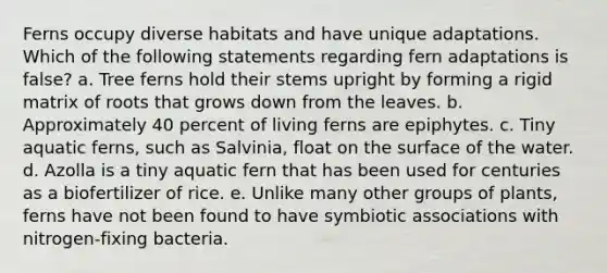 Ferns occupy diverse habitats and have unique adaptations. Which of the following statements regarding fern adaptations is false? a. Tree ferns hold their stems upright by forming a rigid matrix of roots that grows down from the leaves. b. Approximately 40 percent of living ferns are epiphytes. c. Tiny aquatic ferns, such as Salvinia, float on the surface of the water. d. Azolla is a tiny aquatic fern that has been used for centuries as a biofertilizer of rice. e. Unlike many other groups of plants, ferns have not been found to have symbiotic associations with nitrogen-fixing bacteria.