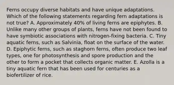 Ferns occupy diverse habitats and have unique adaptations. Which of the following statements regarding fern adaptations is not true? A. Approximately 40% of living ferns are epiphytes. B. Unlike many other groups of plants, ferns have not been found to have symbiotic associations with nitrogen-fixing bacteria. C. Tiny aquatic ferns, such as Salvinia, float on the surface of the water. D. Epiphytic ferns, such as staghorn ferns, often produce two leaf types, one for photosynthesis and spore production and the other to form a pocket that collects organic matter. E. Azolla is a tiny aquatic fern that has been used for centuries as a biofertilizer of rice.