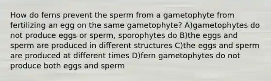 How do ferns prevent the sperm from a gametophyte from fertilizing an egg on the same gametophyte? A)gametophytes do not produce eggs or sperm, sporophytes do B)the eggs and sperm are produced in different structures C)the eggs and sperm are produced at different times D)fern gametophytes do not produce both eggs and sperm