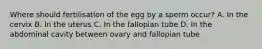 Where should fertilisation of the egg by a sperm occur? A. In the cervix B. In the uterus C. In the fallopian tube D. In the abdominal cavity between ovary and fallopian tube