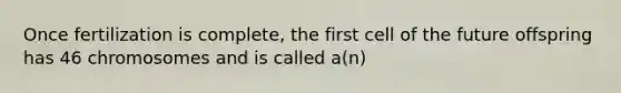 Once fertilization is complete, the first cell of the future offspring has 46 chromosomes and is called a(n)
