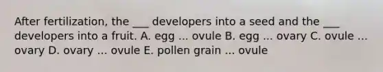 After fertilization, the ___ developers into a seed and the ___ developers into a fruit. A. egg ... ovule B. egg ... ovary C. ovule ... ovary D. ovary ... ovule E. pollen grain ... ovule