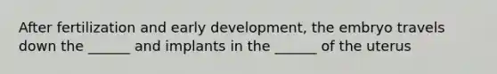 After fertilization and early development, the embryo travels down the ______ and implants in the ______ of the uterus