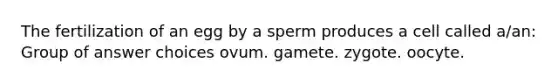 The fertilization of an egg by a sperm produces a cell called a/an: Group of answer choices ovum. gamete. zygote. oocyte.