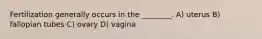 Fertilization generally occurs in the ________. A) uterus B) fallopian tubes C) ovary D) vagina