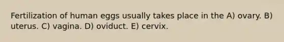 Fertilization of human eggs usually takes place in the A) ovary. B) uterus. C) vagina. D) oviduct. E) cervix.