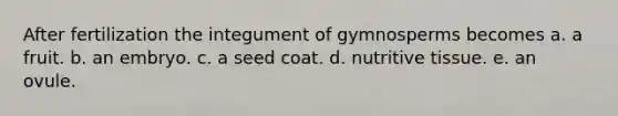 After fertilization the integument of gymnosperms becomes a. a fruit. b. an embryo. c. a seed coat. d. nutritive tissue. e. an ovule.