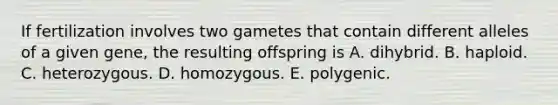 If fertilization involves two gametes that contain different alleles of a given gene, the resulting offspring is A. dihybrid. B. haploid. C. heterozygous. D. homozygous. E. polygenic.