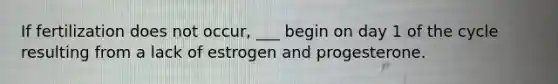 If fertilization does not occur, ___ begin on day 1 of the cycle resulting from a lack of estrogen and progesterone.