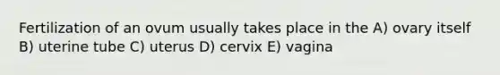 Fertilization of an ovum usually takes place in the A) ovary itself B) uterine tube C) uterus D) cervix E) vagina