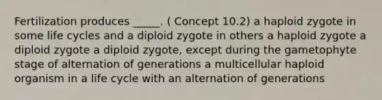 Fertilization produces _____. ( Concept 10.2) a haploid zygote in some life cycles and a diploid zygote in others a haploid zygote a diploid zygote a diploid zygote, except during the gametophyte stage of alternation of generations a multicellular haploid organism in a life cycle with an alternation of generations