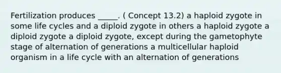 Fertilization produces _____. ( Concept 13.2) a haploid zygote in some life cycles and a diploid zygote in others a haploid zygote a diploid zygote a diploid zygote, except during the gametophyte stage of alternation of generations a multicellular haploid organism in a life cycle with an alternation of generations