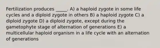 Fertilization produces _____. A) a haploid zygote in some life cycles and a diploid zygote in others B) a haploid zygote C) a diploid zygote D) a diploid zygote, except during the gametophyte stage of alternation of generations E) a multicellular haploid organism in a life cycle with an alternation of generations