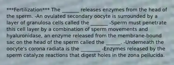 ***Fertilization*** The _______ releases enzymes from the head of the sperm. -An ovulated secondary oocyte is surrounded by a layer of granulosa cells called the _______ -Sperm must penetrate this cell layer by a combination of sperm movements and hyaluronidase, an enzyme released from the membrane-bound sac on the head of the sperm called the ______. -Underneath the oocyte's corona radiata is the ________ -Enzymes released by the sperm catalyze reactions that digest holes in the zona pellucida.