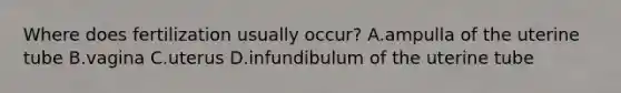 Where does fertilization usually occur? A.ampulla of the uterine tube B.vagina C.uterus D.infundibulum of the uterine tube