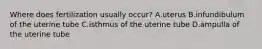 Where does fertilization usually occur? A.uterus B.infundibulum of the uterine tube C.isthmus of the uterine tube D.ampulla of the uterine tube