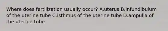 Where does fertilization usually occur? A.uterus B.infundibulum of the uterine tube C.isthmus of the uterine tube D.ampulla of the uterine tube