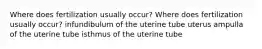 Where does fertilization usually occur? Where does fertilization usually occur? infundibulum of the uterine tube uterus ampulla of the uterine tube isthmus of the uterine tube