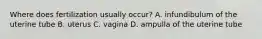Where does fertilization usually occur? A. infundibulum of the uterine tube B. uterus C. vagina D. ampulla of the uterine tube