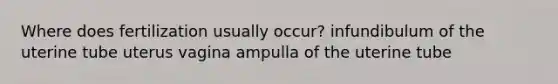 Where does fertilization usually occur? infundibulum of the uterine tube uterus vagina ampulla of the uterine tube