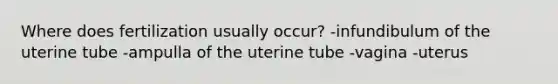 Where does fertilization usually occur? -infundibulum of the uterine tube -ampulla of the uterine tube -vagina -uterus