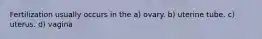Fertilization usually occurs in the a) ovary. b) uterine tube. c) uterus. d) vagina
