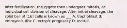 After fertilization, the zygote then undergoes mitosis, or individual cell division of cleavage. After initial cleavage, the solid ball of (16) cells is known as ___ A. trophoblast B. embryonic disc C. ectopic pregnancy D. morula