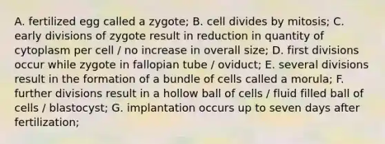 A. fertilized egg called a zygote; B. cell divides by mitosis; C. early divisions of zygote result in reduction in quantity of cytoplasm per cell / no increase in overall size; D. first divisions occur while zygote in fallopian tube / oviduct; E. several divisions result in the formation of a bundle of cells called a morula; F. further divisions result in a hollow ball of cells / fluid filled ball of cells / blastocyst; G. implantation occurs up to seven days after fertilization;