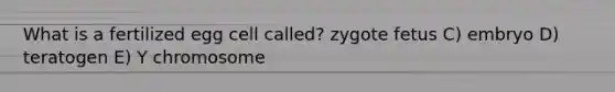 What is a fertilized egg cell called? zygote fetus C) embryo D) teratogen E) Y chromosome