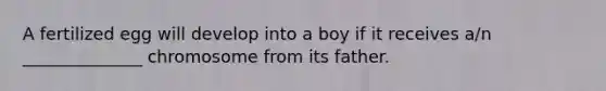 A fertilized egg will develop into a boy if it receives a/n ______________ chromosome from its father.