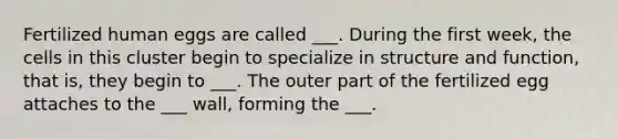 Fertilized human eggs are called ___. During the first week, the cells in this cluster begin to specialize in structure and function, that is, they begin to ___. The outer part of the fertilized egg attaches to the ___ wall, forming the ___.