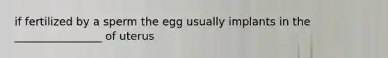 if fertilized by a sperm the egg usually implants in the ________________ of uterus