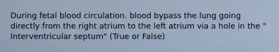 During fetal blood circulation. blood bypass the lung going directly from the right atrium to the left atrium via a hole in the " Interventricular septum" (True or False)