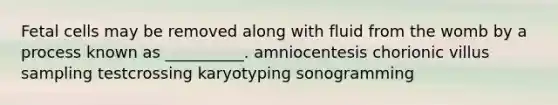 Fetal cells may be removed along with fluid from the womb by a process known as __________. amniocentesis chorionic villus sampling testcrossing karyotyping sonogramming